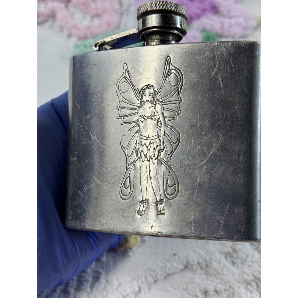 Vintage Fairy Etched Stainless Steel Hip Flask 5oz Silver Y2K Whimsigoth Pocket - Picture 3 of 11